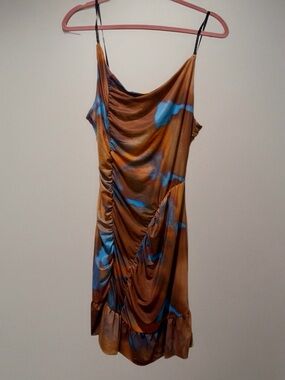 NWT Cider ruched midi dress abstract earthy brown & vibrant blue tones sz XL 10
